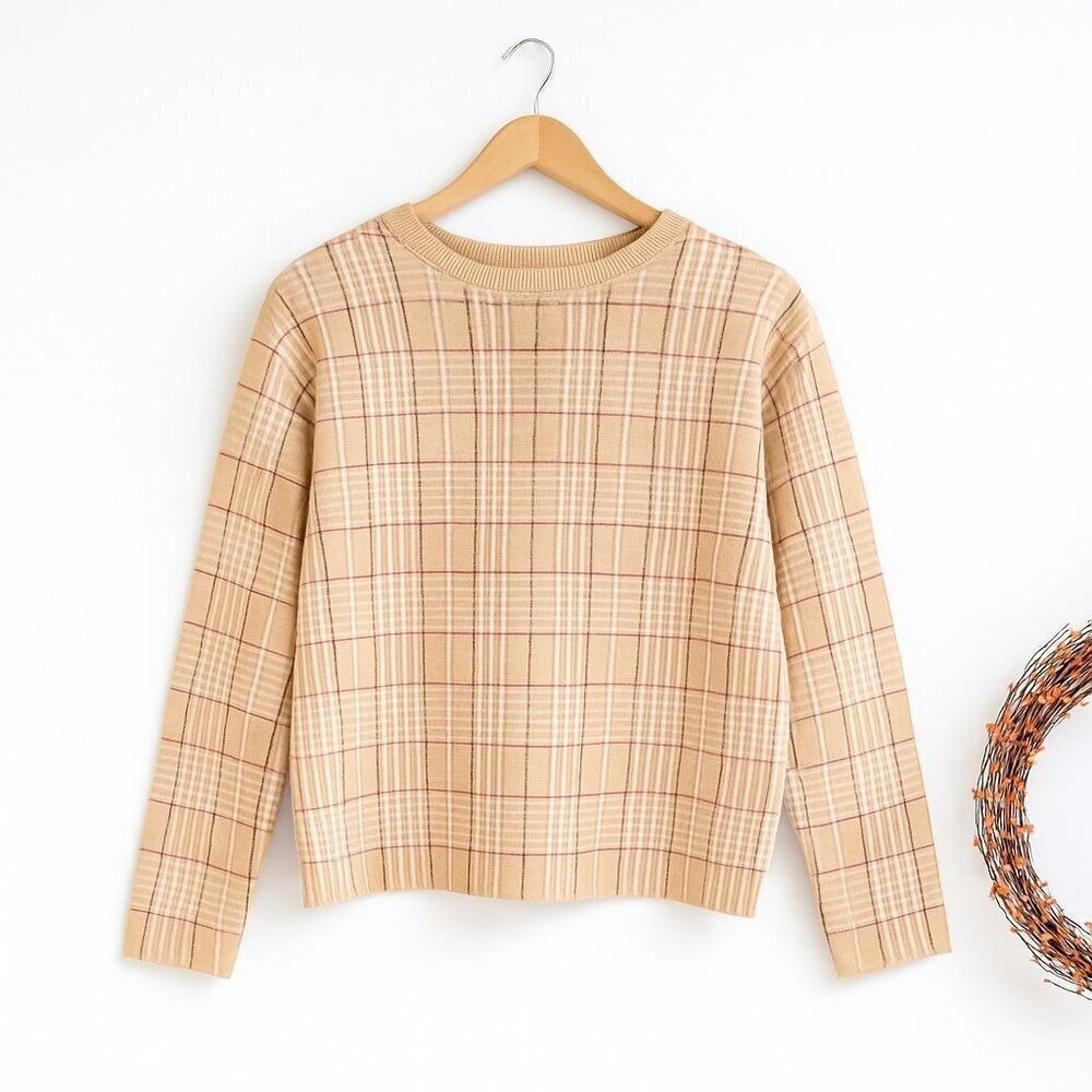 Tahari Womens Pullover Crewneck Sweater Top SMALL Cream Brown Plaid Long Sleeve - Picture 2 of 7